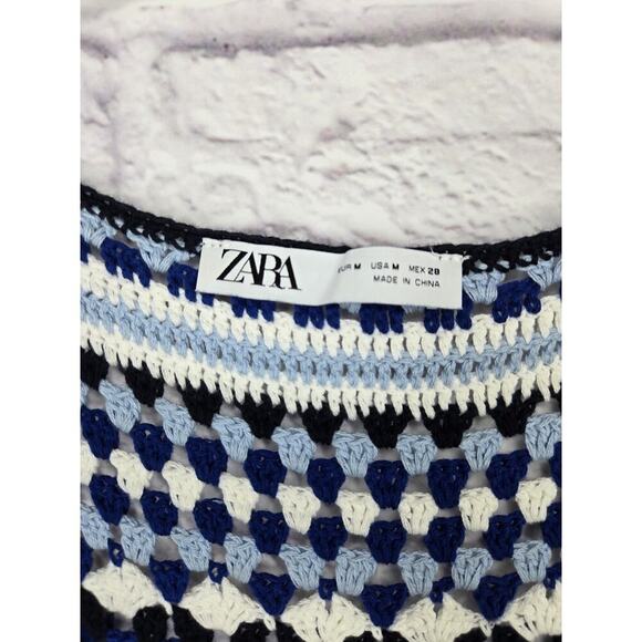 Zara Maxi Dress Contrast Blue Crochet Knit Top Ruffle Hem Sz M boho summer beach - Picture 7 of 8